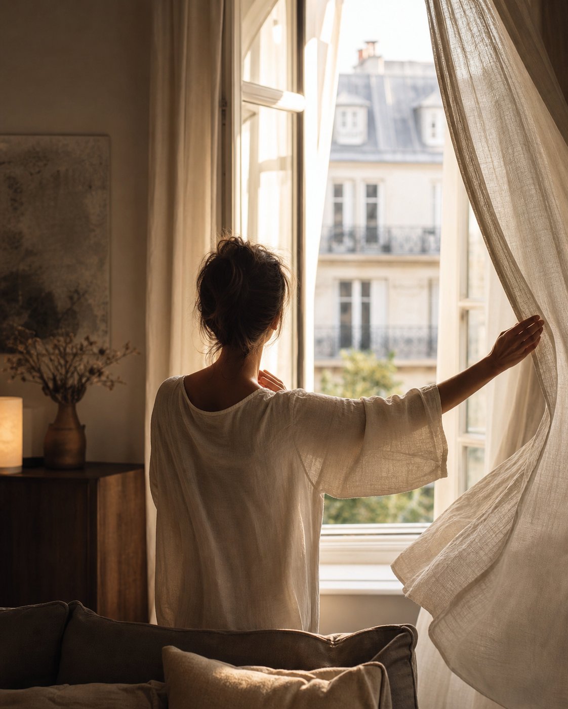 Une femme ouvre sa fenêtre et accueille une lumière nouvelle dans son intérieur