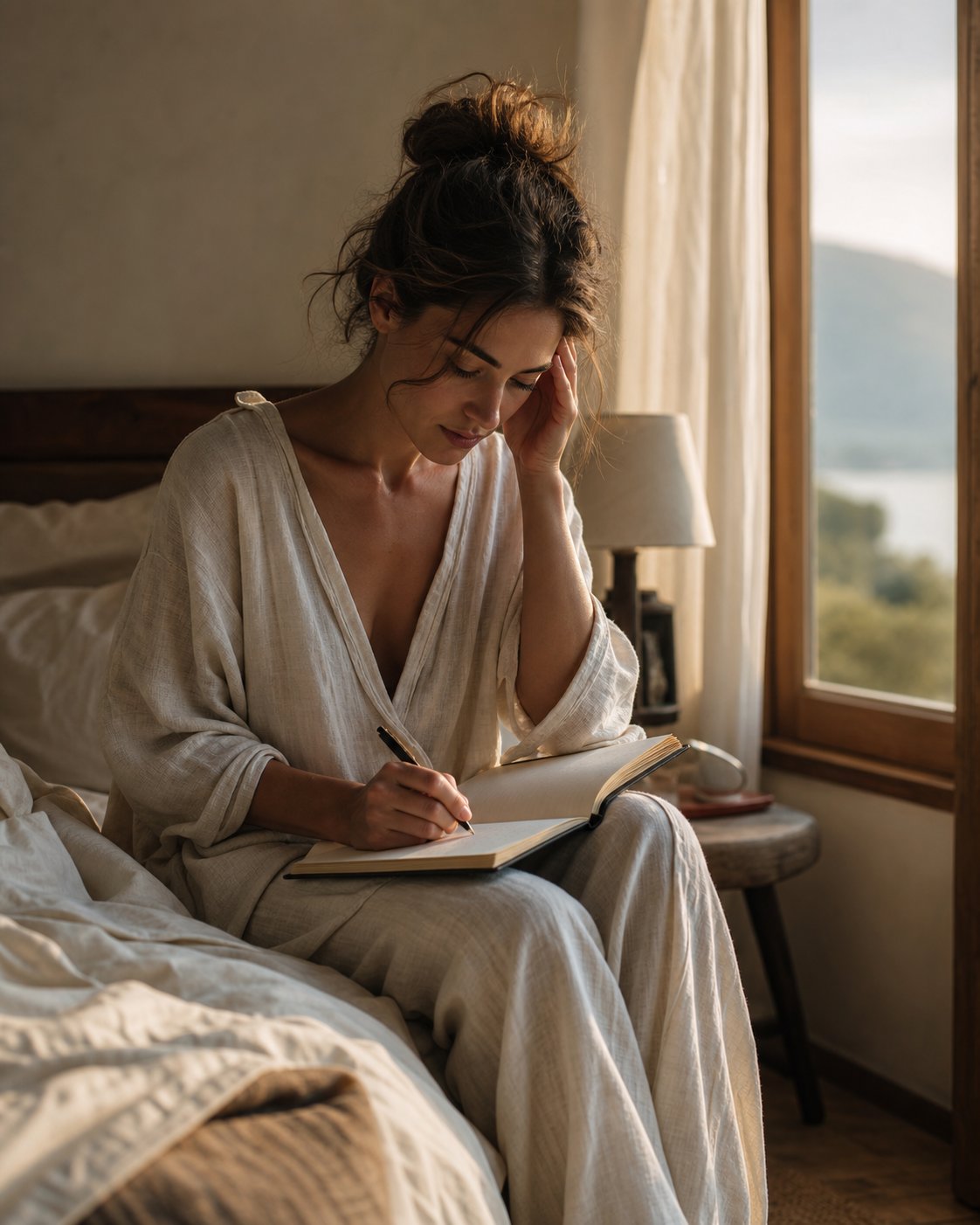 Au réveil, une personne note son rêve dans un carnet près du lit