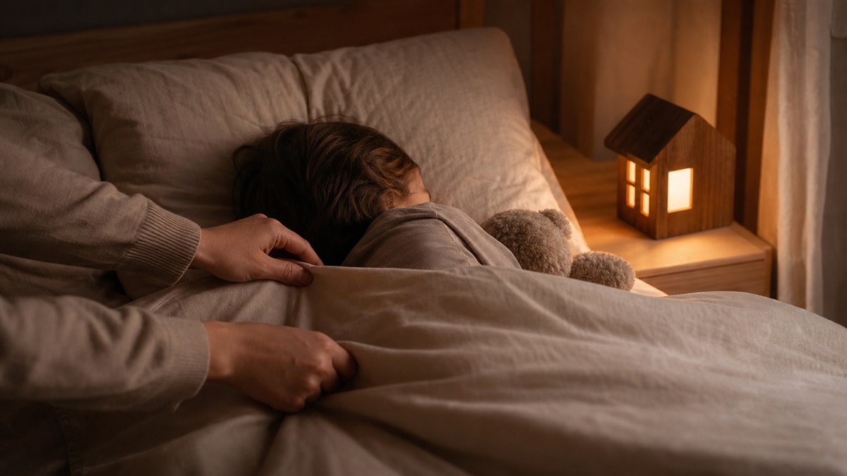 Parent accompagnant doucement le sommeil de son enfant